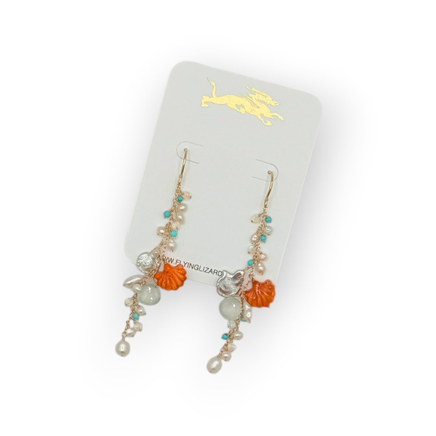 Orange Shell Pearl Cluster Earrings | Coastal Boho Gold Dangle Earrings