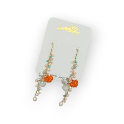 Orange Shell Pearl Cluster Earrings | Coastal Boho Gold Dangle Earrings