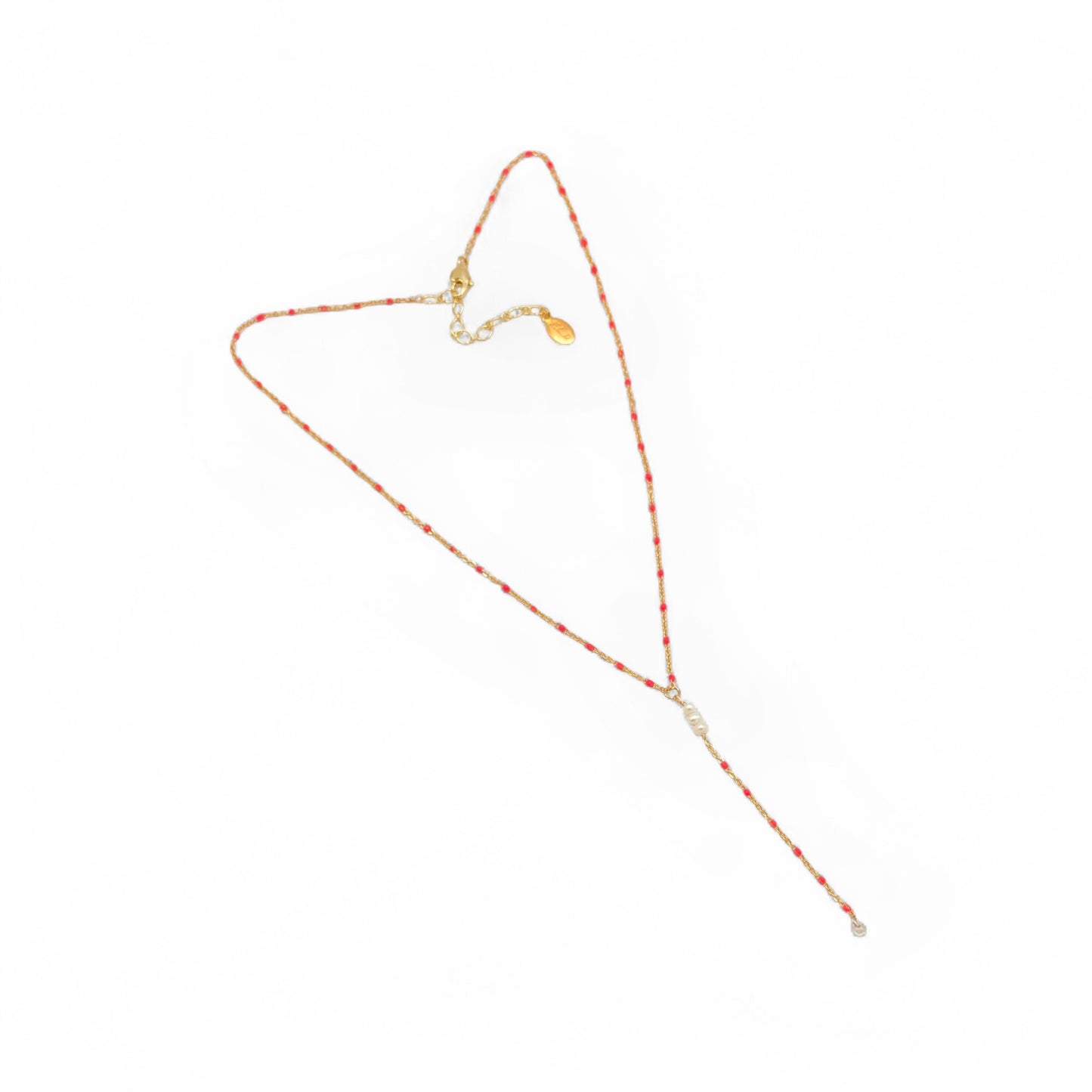 Pink Bead & Pearl Gold Lariat Necklace
