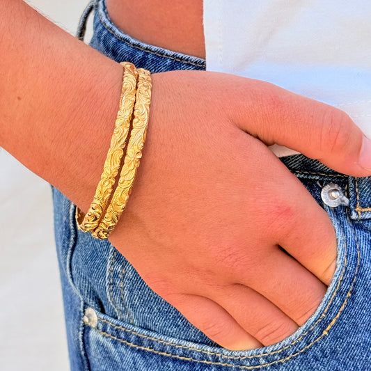 Gold Floral Engraved Bangle Bracelet | Vintage Botanical Statement Bracelet