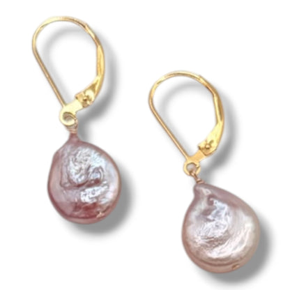 Natural Pink & Purple Baroque Pearl Earrings, 14K Gold Filled Lever-Back
