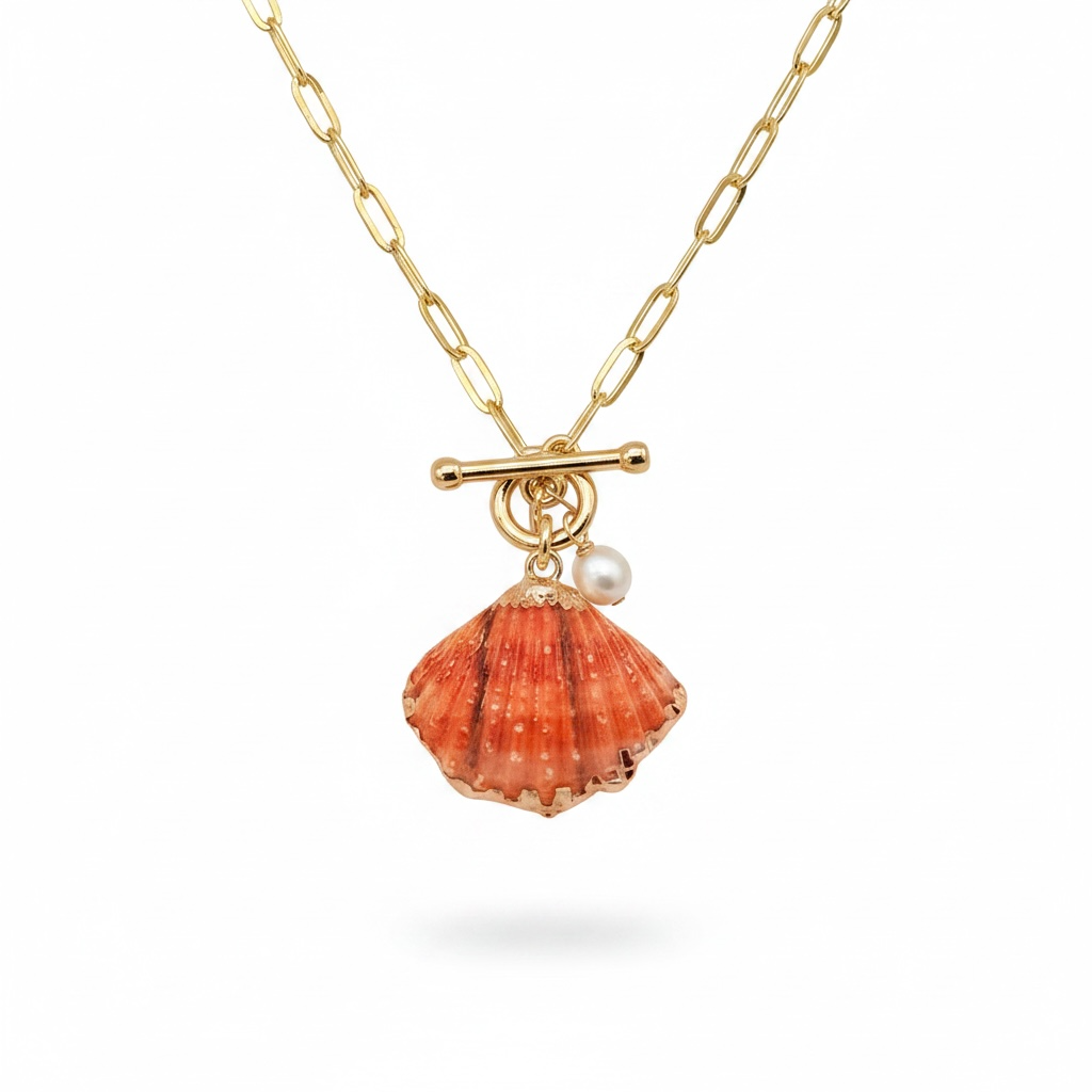 Orange Pectin Shell Toggle Necklace with Opal or Pearl Charm
