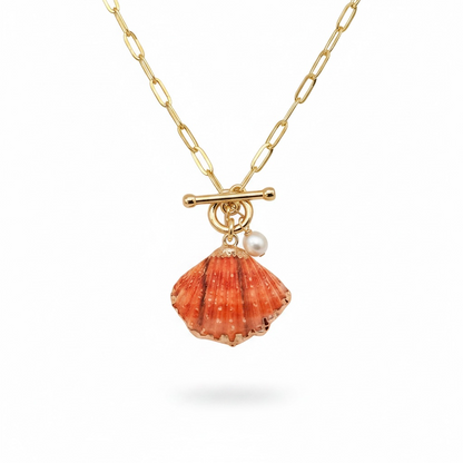 Orange Pectin Shell Toggle Necklace with Opal or Pearl Charm