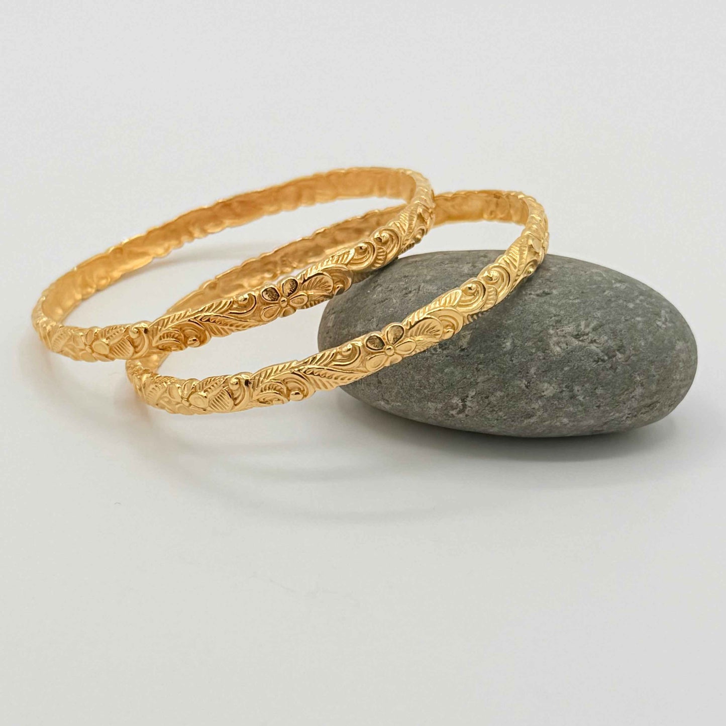 Gold Floral Engraved Bangle Bracelet | Vintage Botanical Statement Bracelet