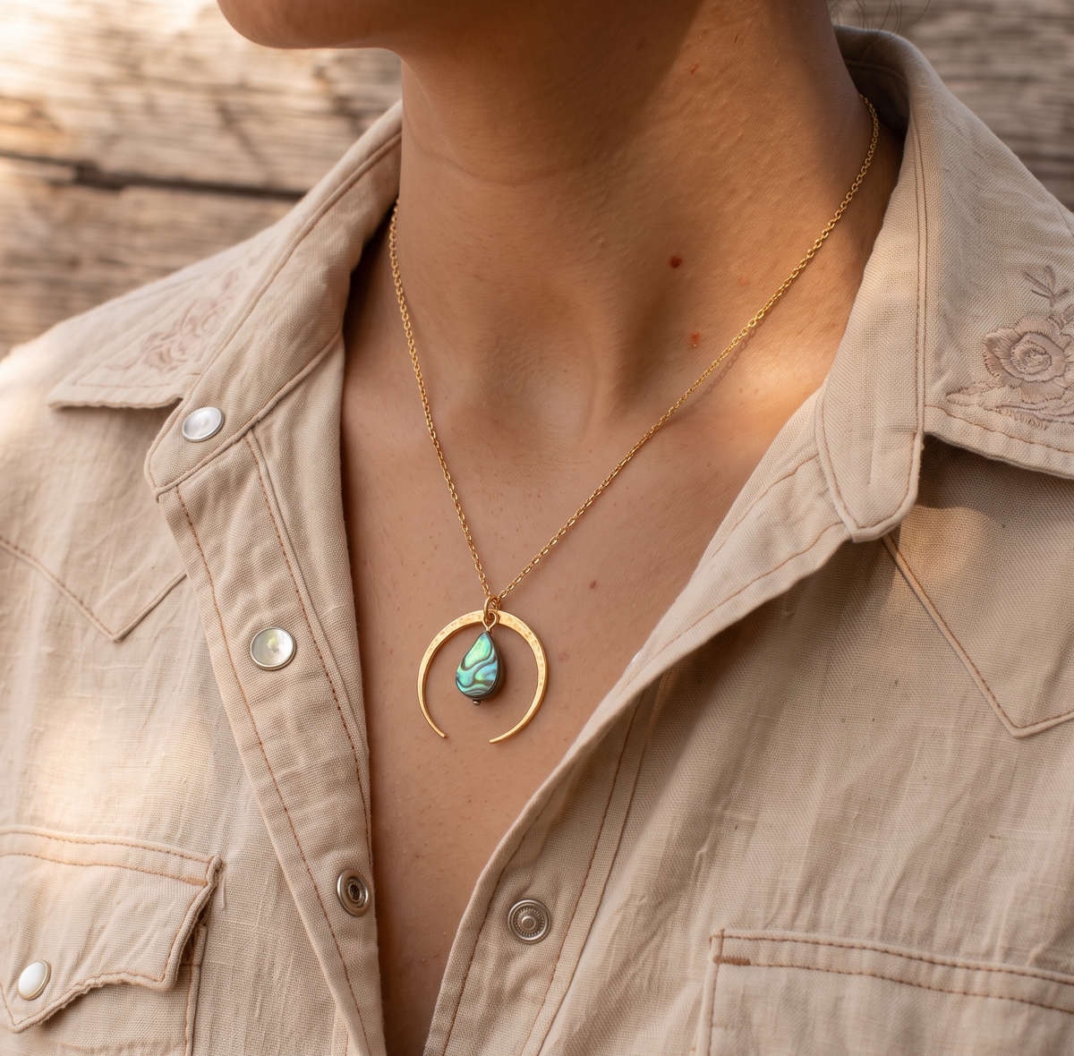 Gold Crescent Moon & Gem Drop Necklace