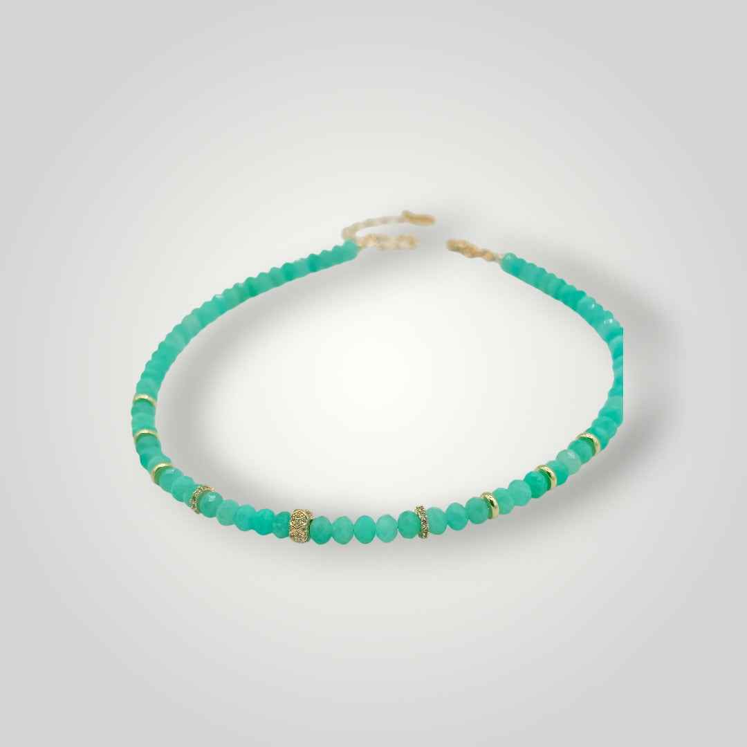 Green Agate Beaded Necklace with Gold Accents | Coastal Gemstone Choker