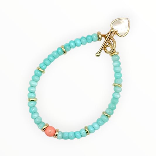 Blue Mother of Pearl Shell Beaded Bracelet with Gold Accents & Pearl Heart Charm