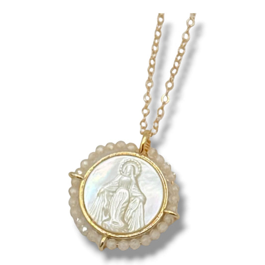 Round Halo Blessed Mother of Pearl Necklace