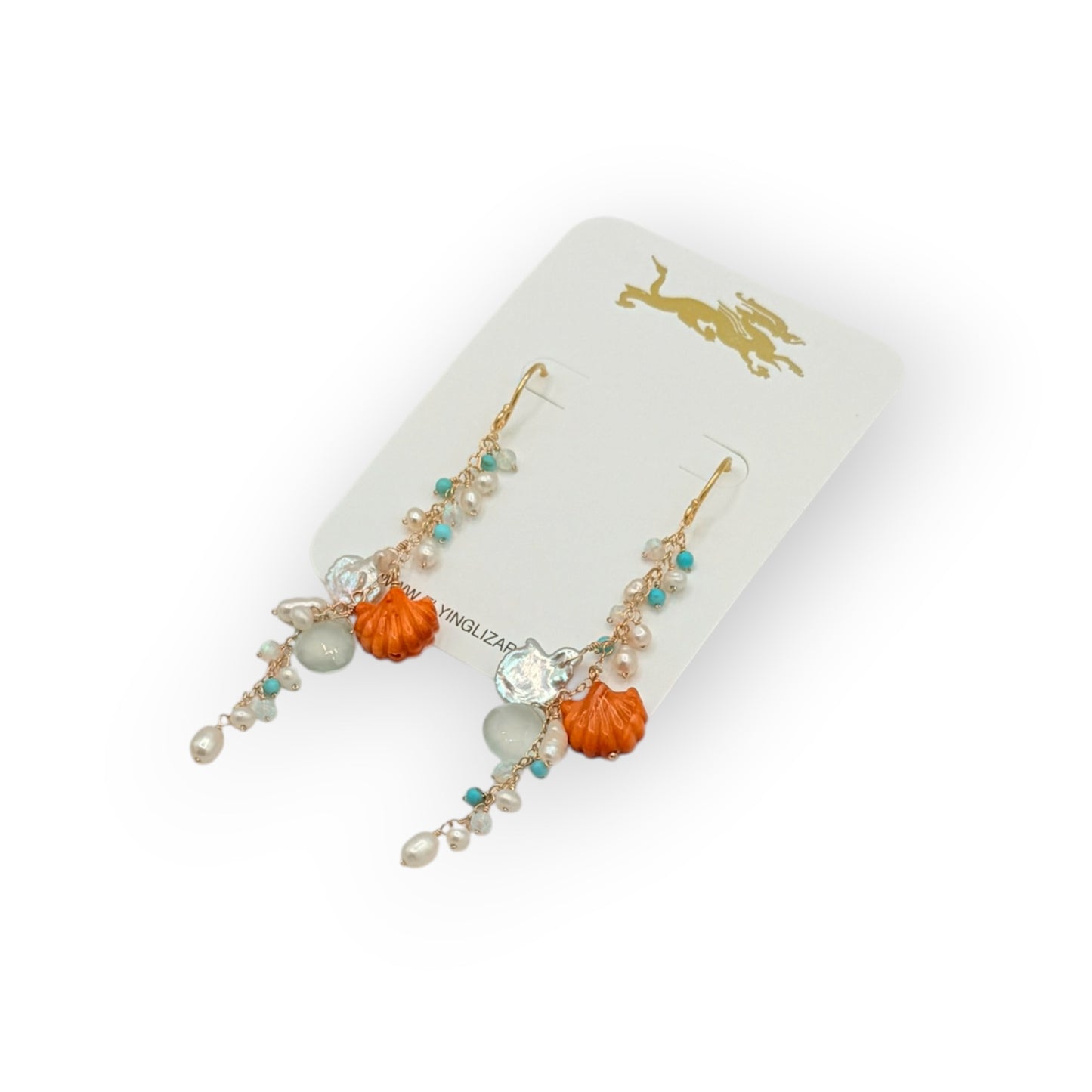 Orange Shell Pearl Cluster Earrings | Coastal Boho Gold Dangle Earrings