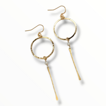 Mini Hammered Hoop & Stick Drop Earrings – Pearl or Opal