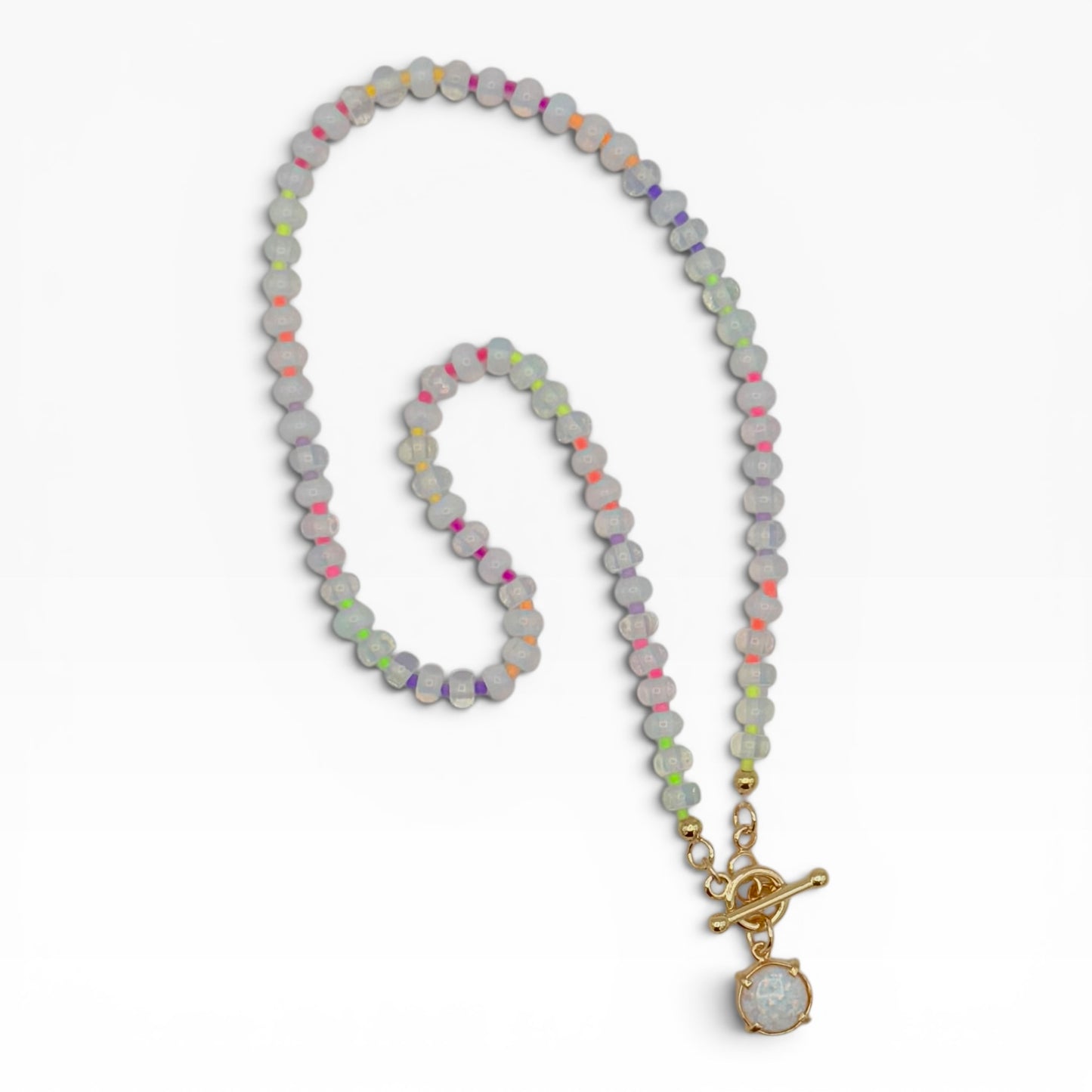 Opal Bead Necklace with Rainbow Accents & Gold Toggle Clasp