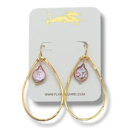 Organic Teardrop Hoop Earrings with Pearl Drops