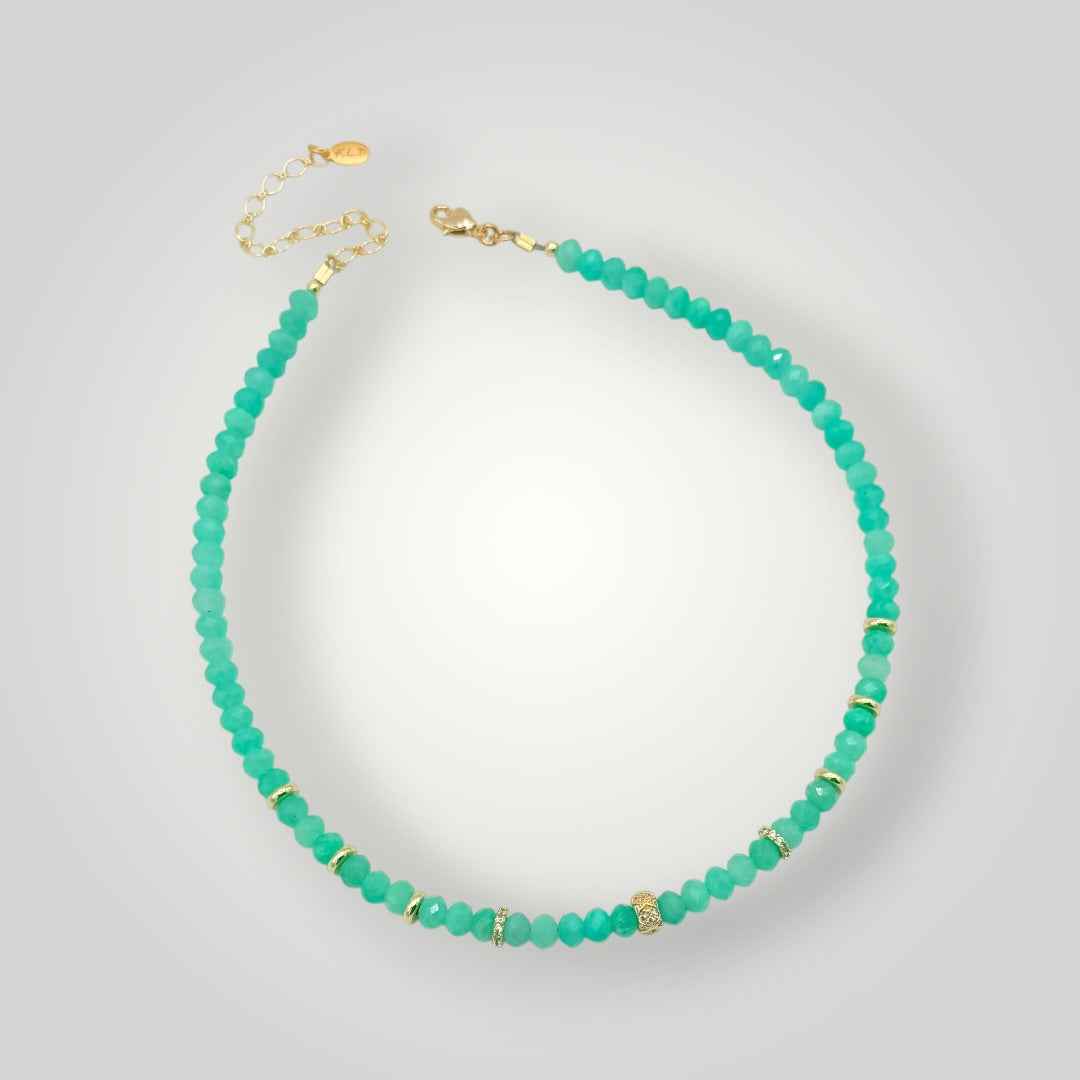 Green Agate Beaded Necklace with Gold Accents | Coastal Gemstone Choker