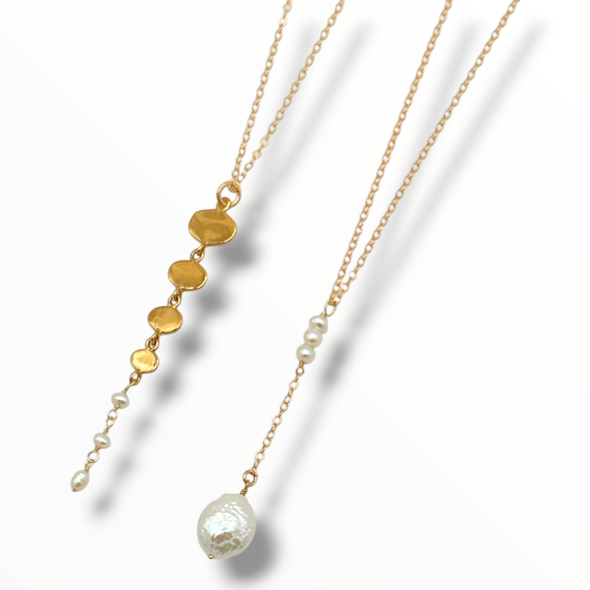 Tidal Drop Lariat Necklace – Baroque Pearl or Organic Gold Disc