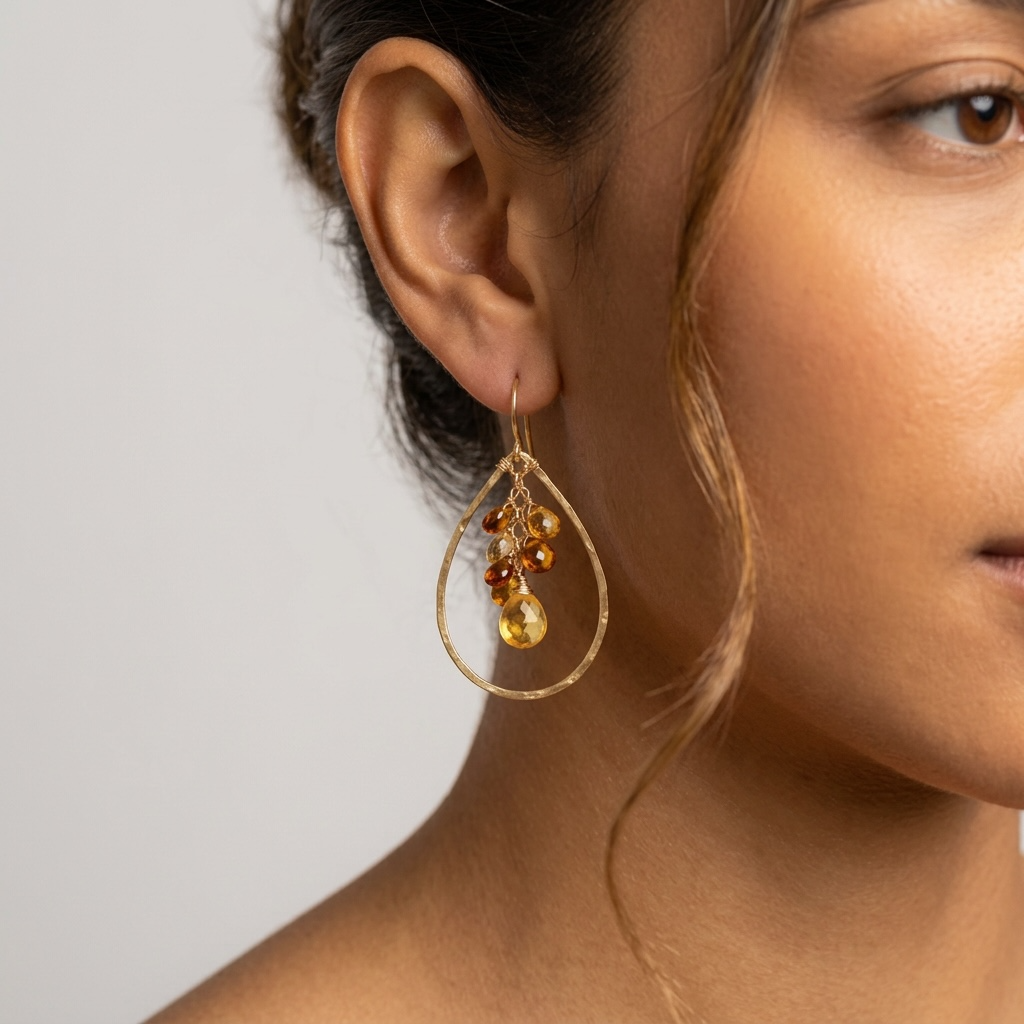 18K gold vermeil hammered teardrop hoop earrings with opal, citrine, and brown garnet gemstones worn on model