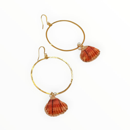 Gold Hoop Earrings with Coral Shells & Pearl Accents