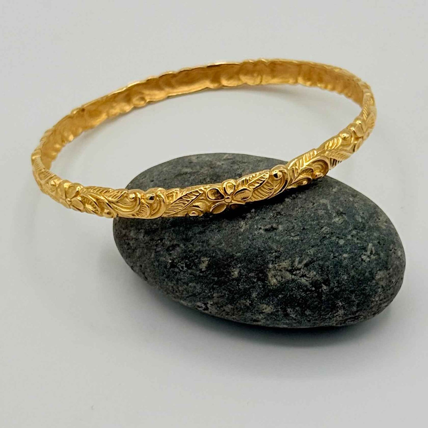 Gold Floral Engraved Bangle Bracelet | Vintage Botanical Statement Bracelet