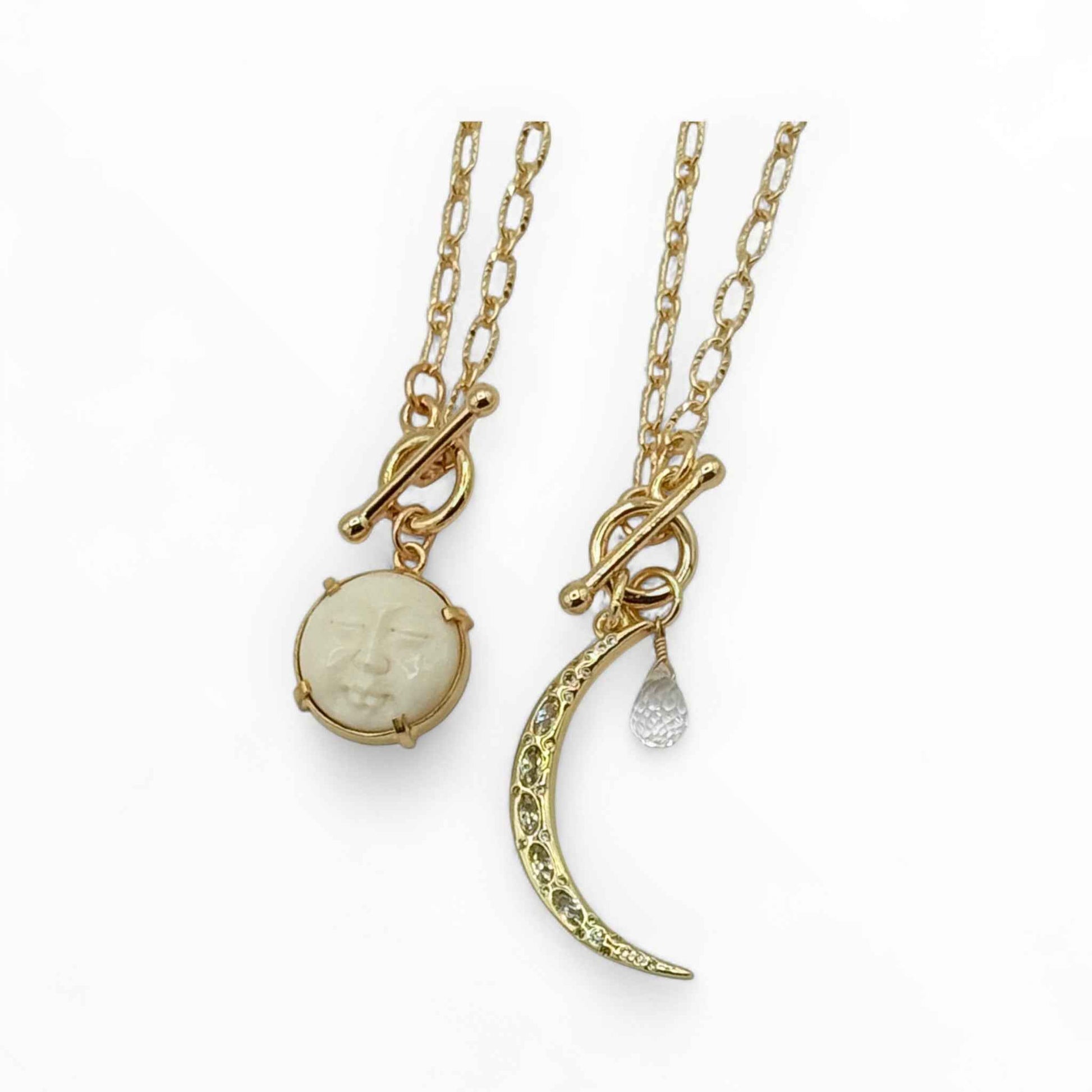 Gold Textured Paperclip Chain Necklace with Carved Moon Face Pendant