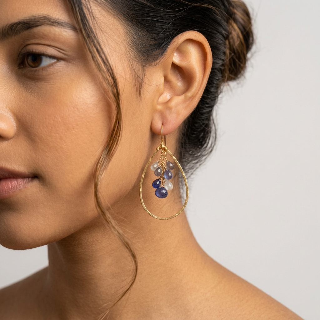 18K Gold Vermeil Hammered Teardrop Hoop Earrings with Moonstone, Iolite, Tanzanite & Labradorite
