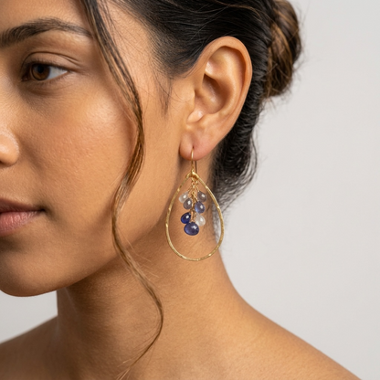 18K Gold Vermeil Hammered Teardrop Hoop Earrings with Moonstone, Iolite, Tanzanite & Labradorite