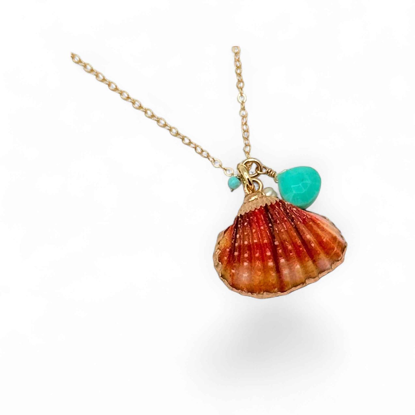 Gold Necklace with Orange Pectin Shell Charm, Turquoise & Pearl Accents