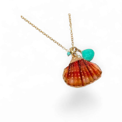 Gold Necklace with Orange Pectin Shell Charm, Turquoise & Pearl Accents