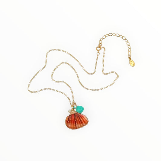 Gold Necklace with Orange Pectin Shell Charm, Turquoise & Pearl Accents