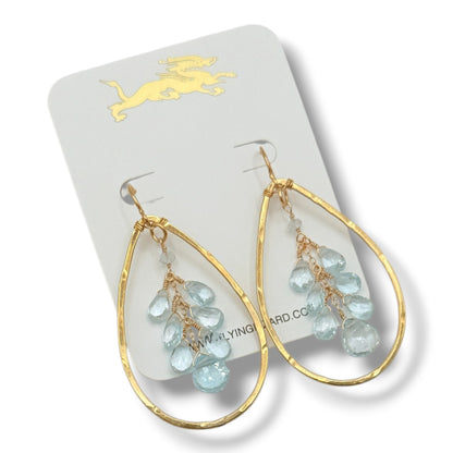 18K Gold Vermeil Hammered Teardrop Hoop Earrings with Blue Topaz