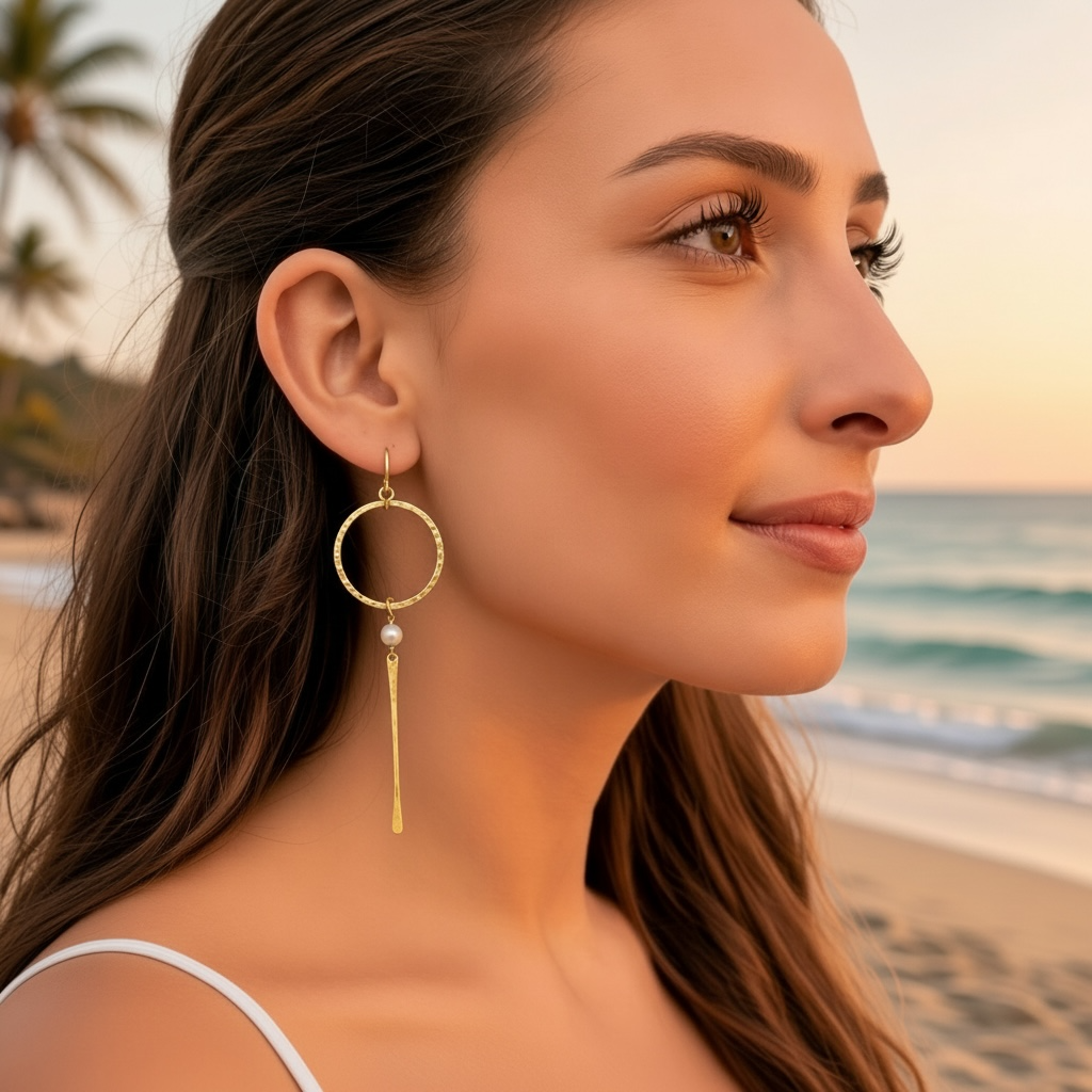 Mini Hammered Hoop & Stick Drop Earrings – Pearl or Opal
