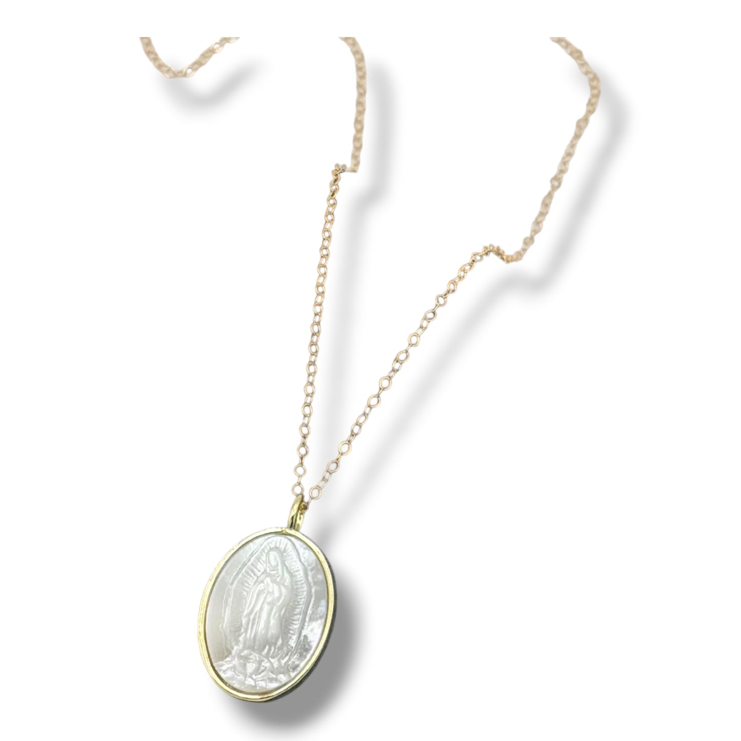 Carved Mother of Pearl Blessed Mother Necklace