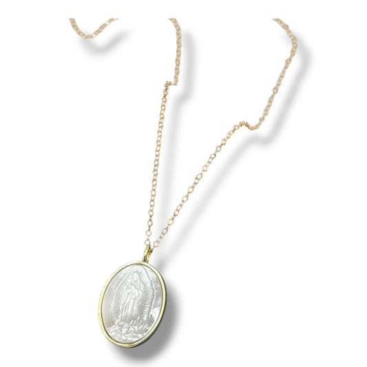 Carved Mother of Pearl Blessed Mother Necklace