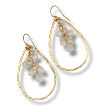 18K Gold Vermeil Hammered Teardrop Hoop Earrings with Moonstone