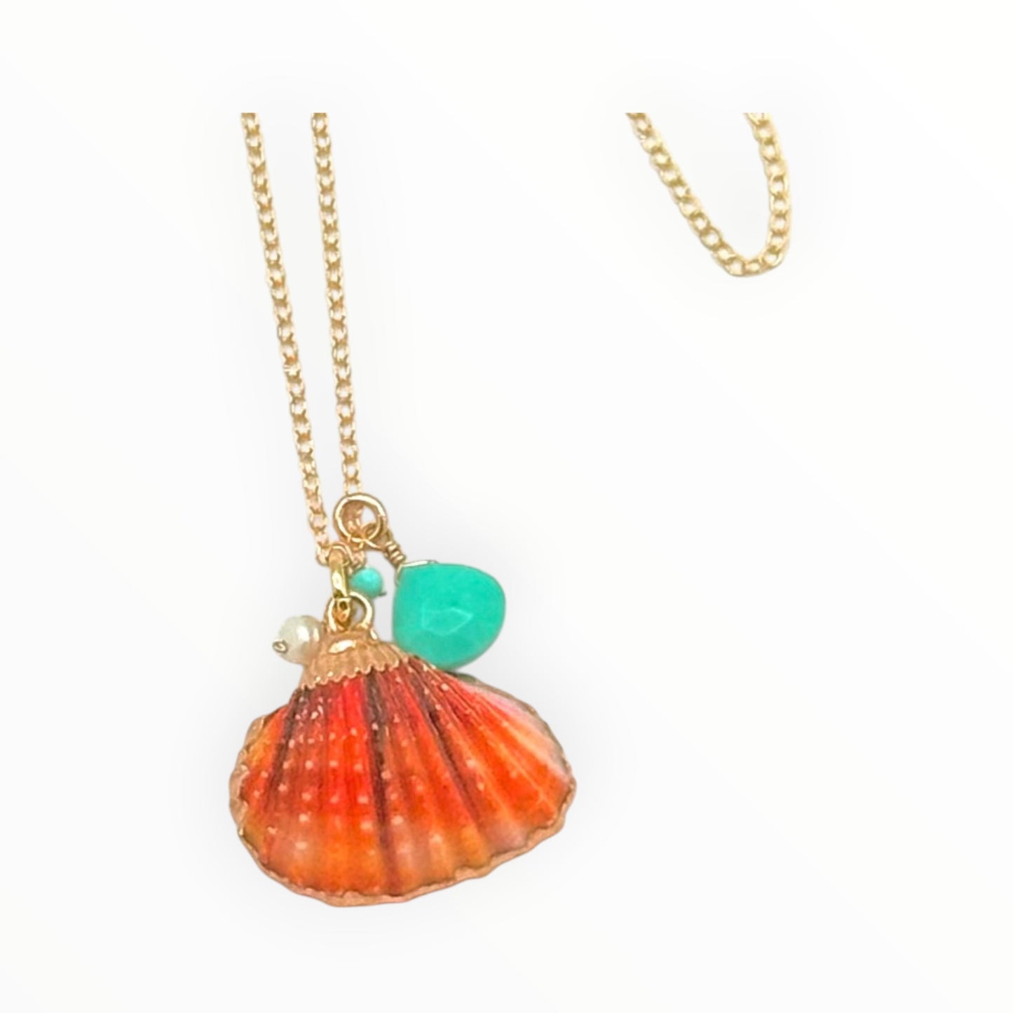 Gold Necklace with Orange Pectin Shell Charm, Turquoise & Pearl Accents