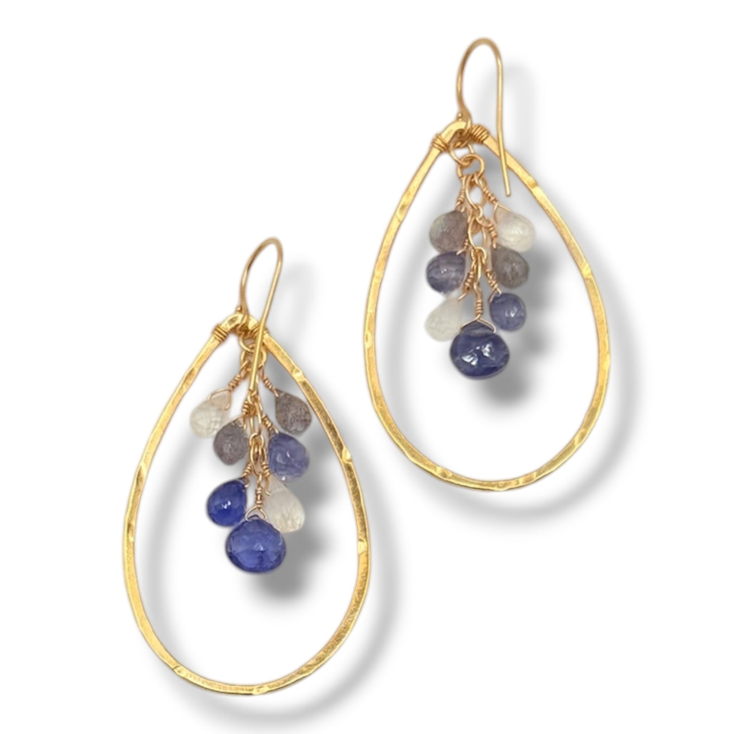 18K Gold Vermeil Hammered Teardrop Hoop Earrings with Moonstone, Iolite, Tanzanite & Labradorite
