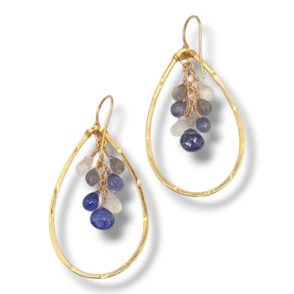 18K Gold Vermeil Hammered Teardrop Hoop Earrings with Moonstone, Iolite, Tanzanite & Labradorite