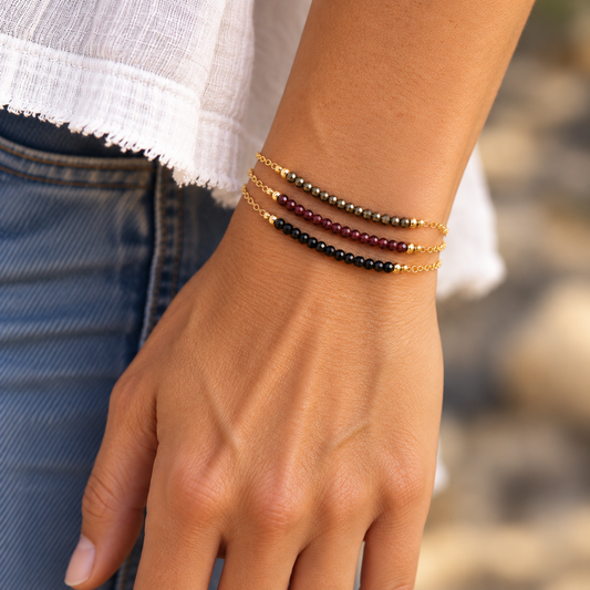 Minimilist 2mm  Gemstone Bracelets | Pyrite, Garnet & Black Spinel