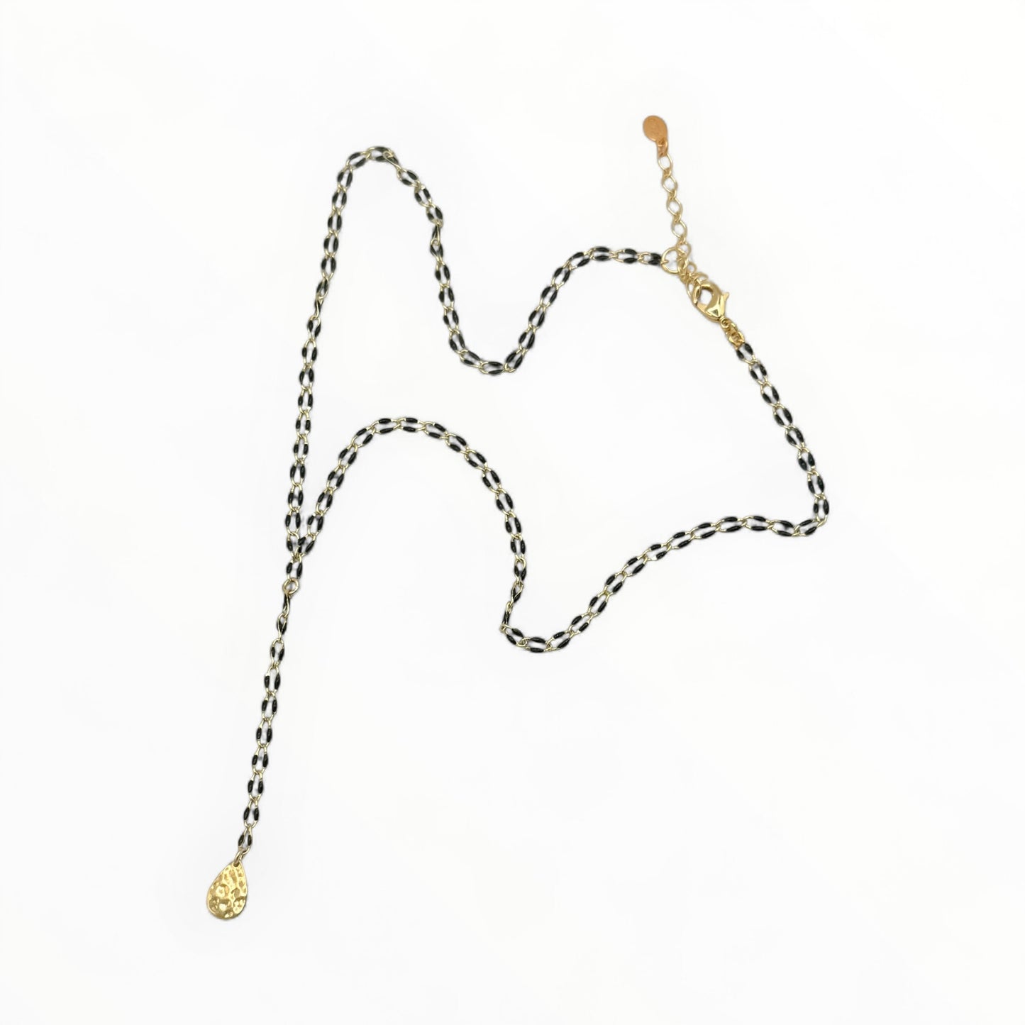 Black Enamel Lariat Necklace with Hammered Gold Drop