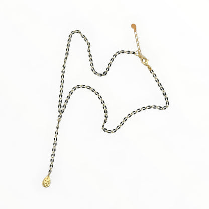 Black Enamel Lariat Necklace with Hammered Gold Drop