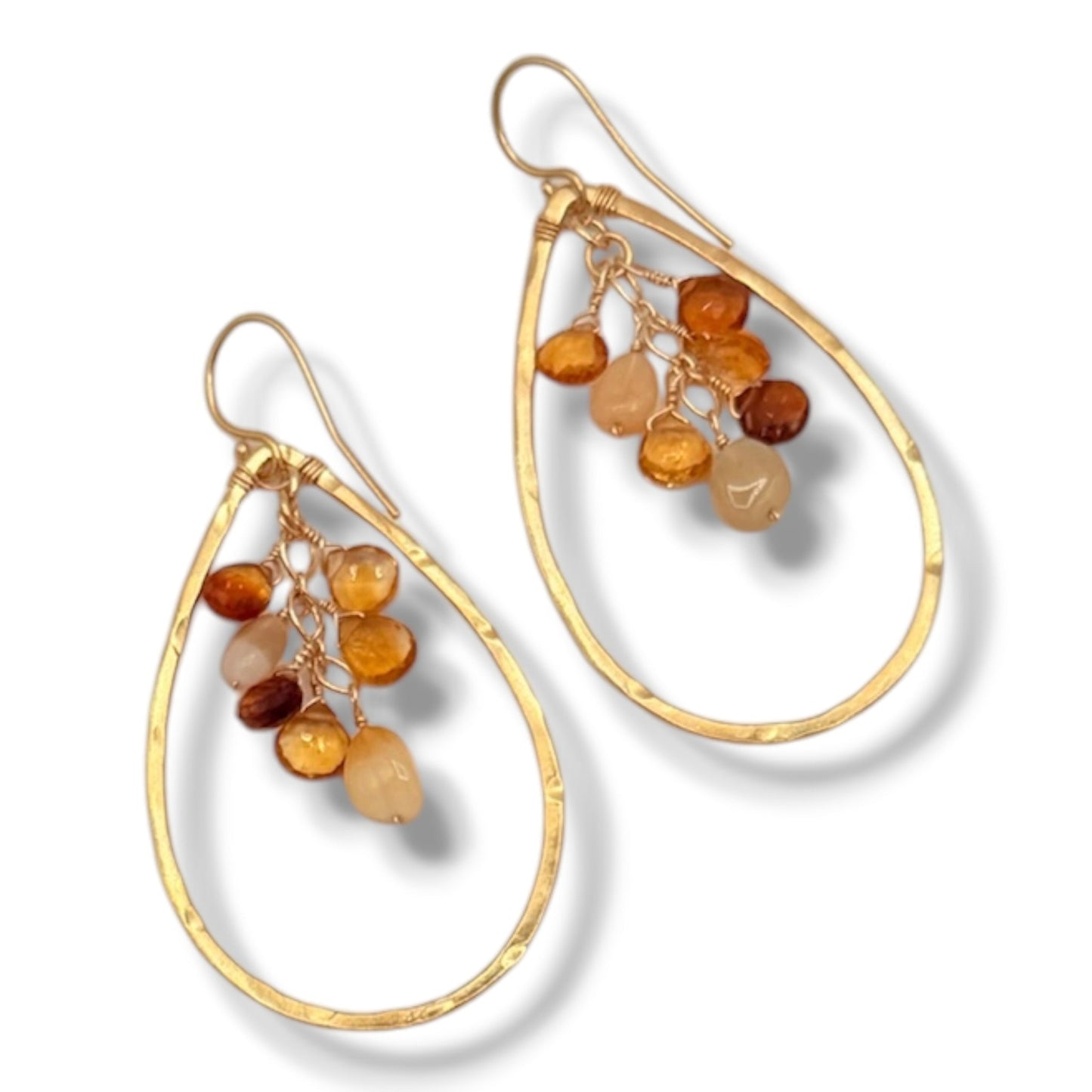 18K gold vermeil teardrop hoop earrings with opal, citrine, and brown garnet gemstone cluster, flat lay on white background