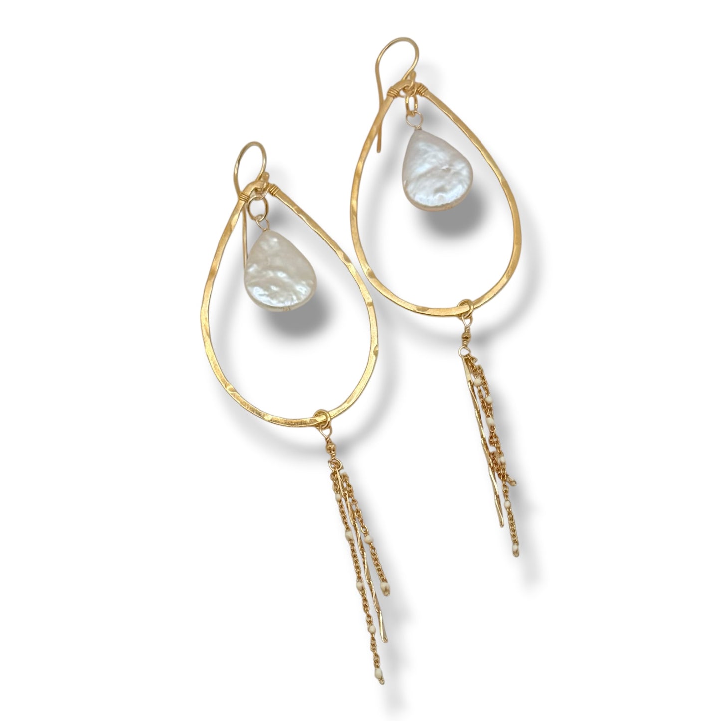Hammered Leaf Hoop Earrings with Baroque Pearls