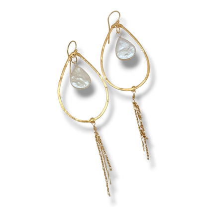 Hammered Leaf Hoop Earrings with Baroque Pearls