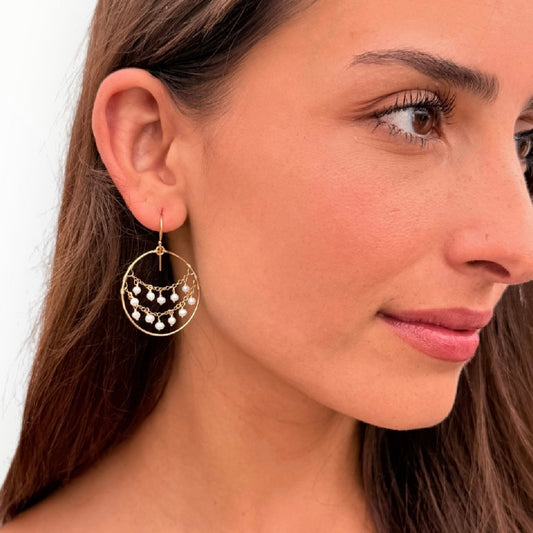 Delicate Gem or Pearl  Draped Gold Hoops