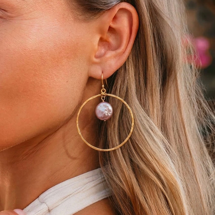 Purple Lavender Coin Pearl Hoops