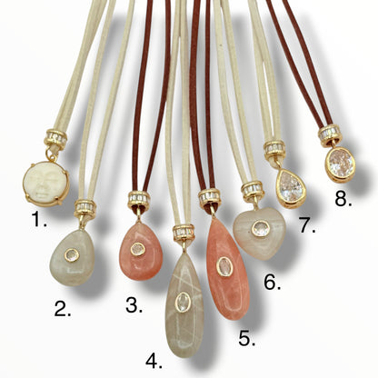 Desert Moon Gemstone Cord Necklace – Moonstone, Zircon & Carved Bone