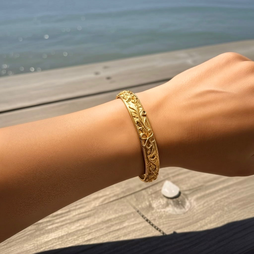 Heirloom Garden Deep Etched Floral Gold Bangles