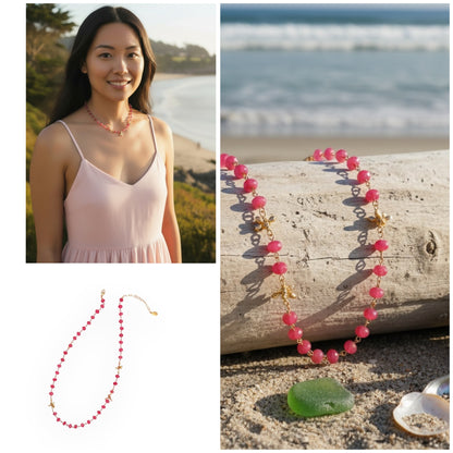 Pink & Blue Gold Accent Jade Necklace