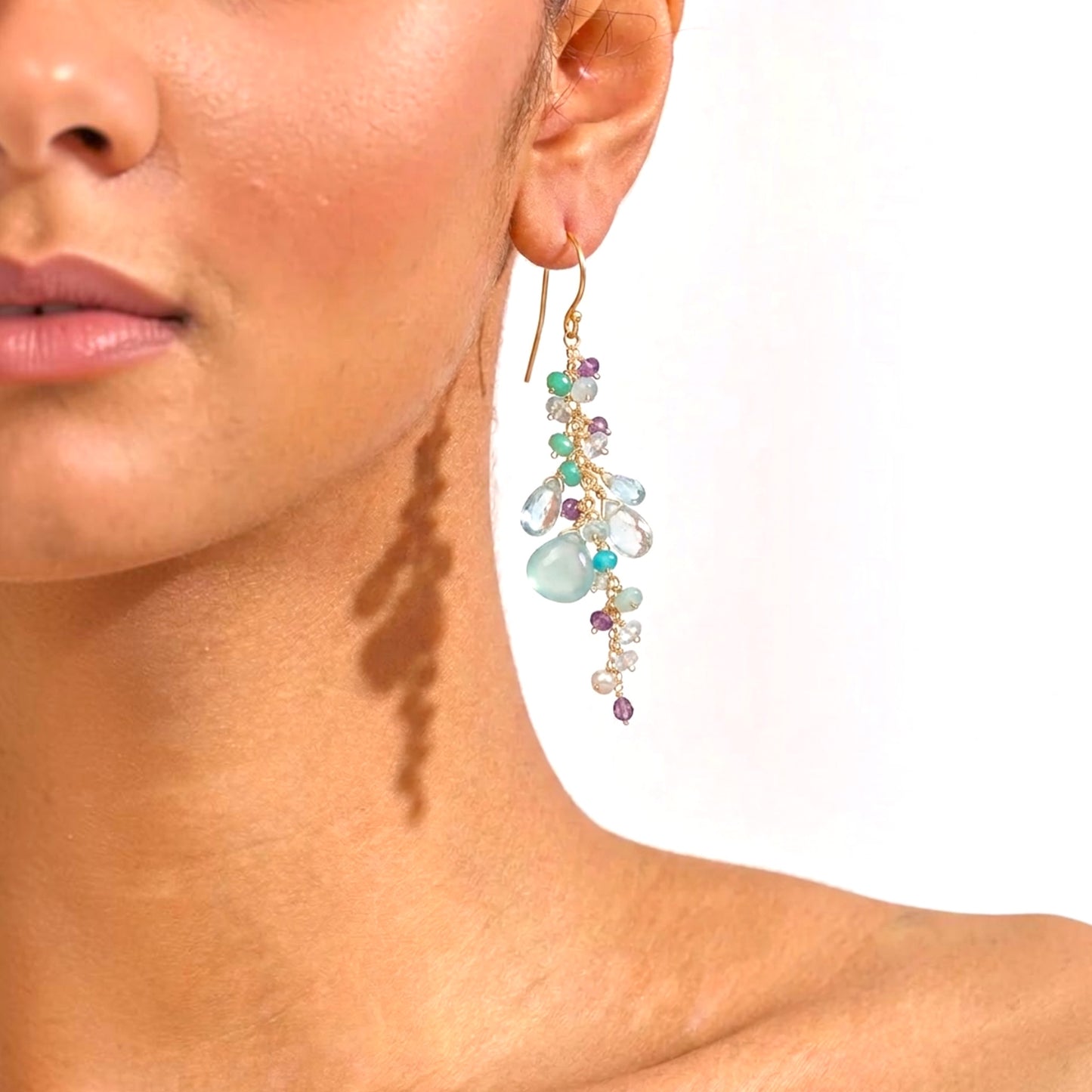Chalcedony, Blue Topaz & Amethyst Cluster Earrings