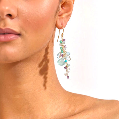 Chalcedony, Blue Topaz & Amethyst Cluster Earrings