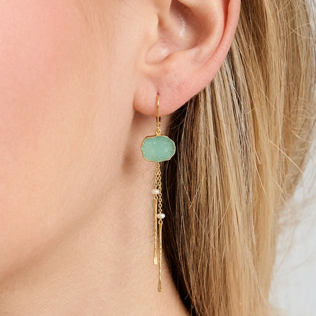 Aqua Drusy Gold Dangle Earrings
