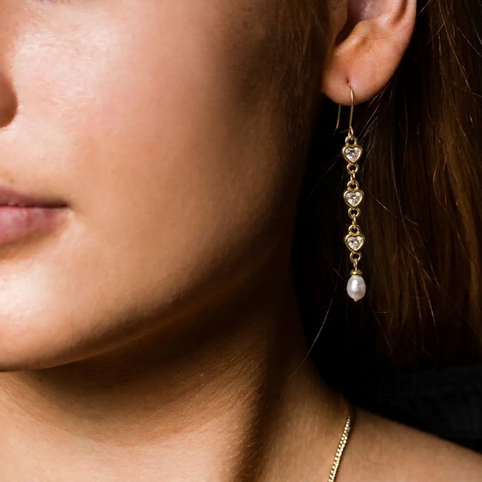 Gold Heart Zircon Pearl Drop Earrings